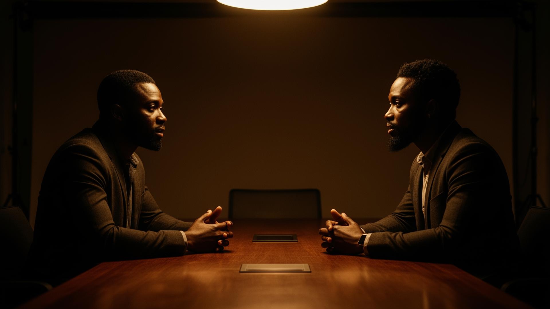 Two entrepreneurs meeting across a boardroom table